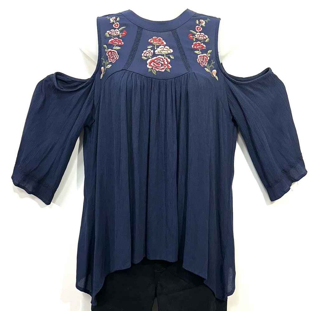 Maurices Navy Embroidered Crinkle Gauze Cold Shoulder Shark Bite Top